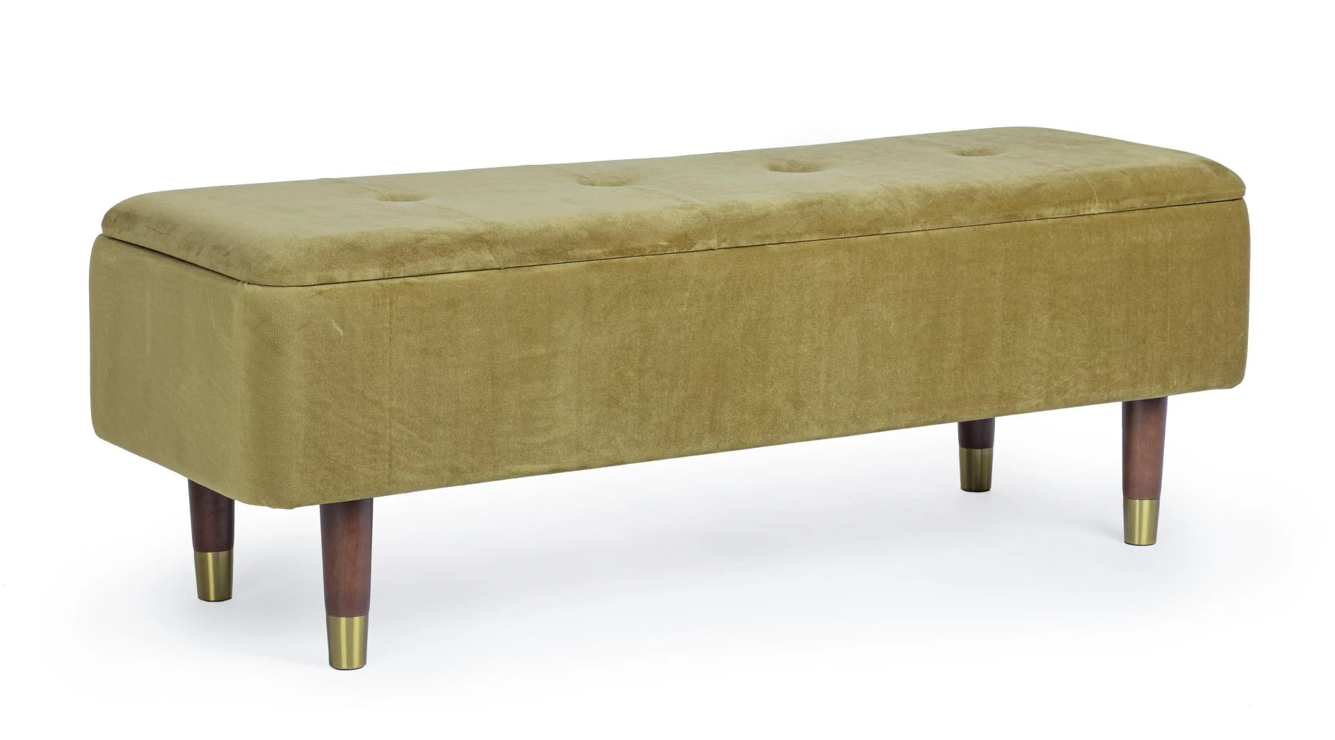 Bank Kira aus Samt, klassisch-retro Chic, Olive Grün, mit Stauraum, 4-Fuß Gestell Natur