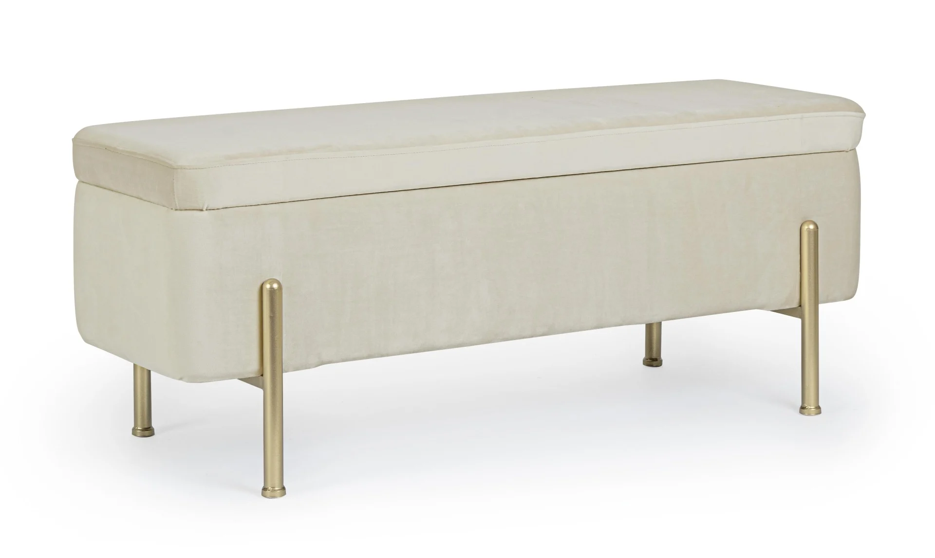 Bank Irina aus Samt, modern mit Stauraum, Farbe Natur, Gestell in Gold, gepolstert für 1–2 Personen - Bizzotto