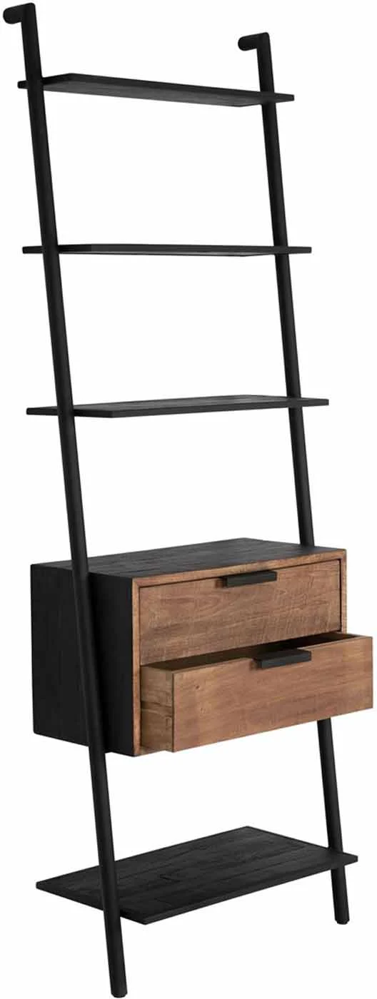 Regal Cosmo Teak und Metall, Industrial Design mit 2 Schubladen, natur schwarz, 70x35x200 cm - dtp Home