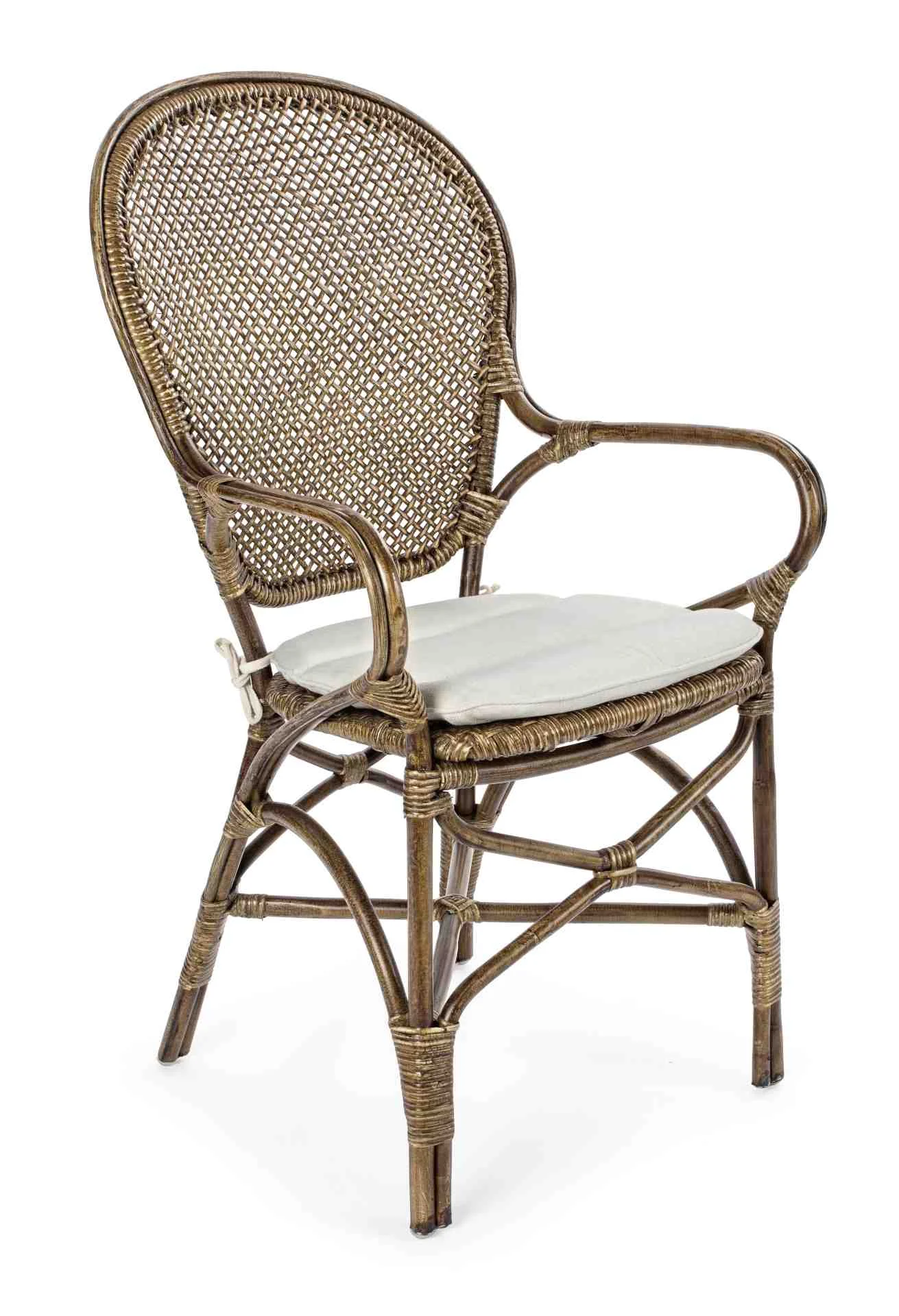 Stuhl Edelina mit Armlehne aus Rattan, skandinavischer Boho Stil, gepolstert, braun, inkl. Kissen - Bizzotto