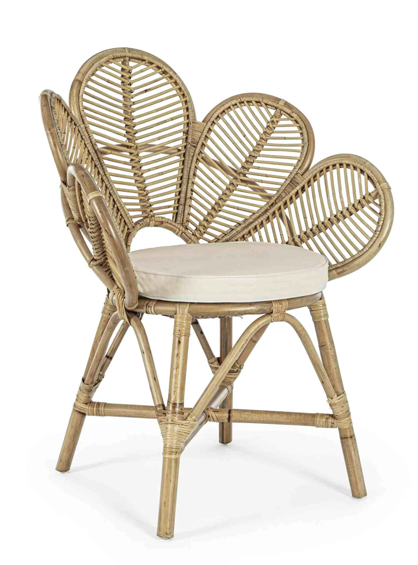 Stuhl Flores mit Armlehne aus Rattan, skandinavischer Boho Stil, natur, inklusive Kissen - Bizzotto