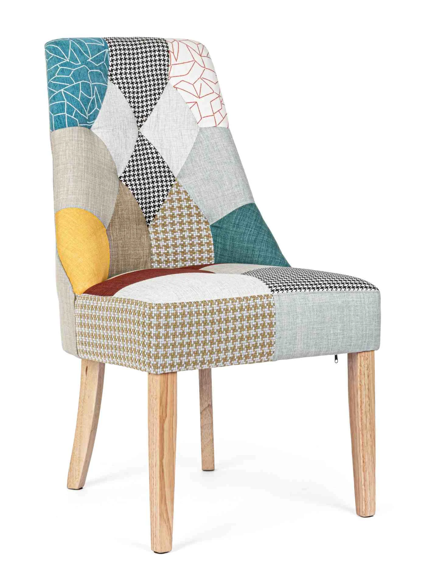 Esszimmerstuhl Galatea Patchwork Design, Retro Chic, Stoff gepolstert, Kautschukholz natur, mehrfarbig - Bizzotto