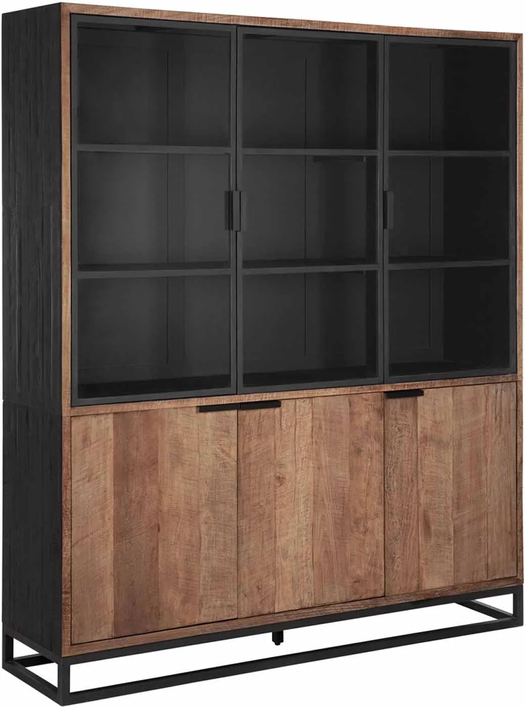 Vitrinenschrank Cosmo aus Teak, Industrial Design, natur, Metallgestell in Schwarz, 3 Türen - dtp Home