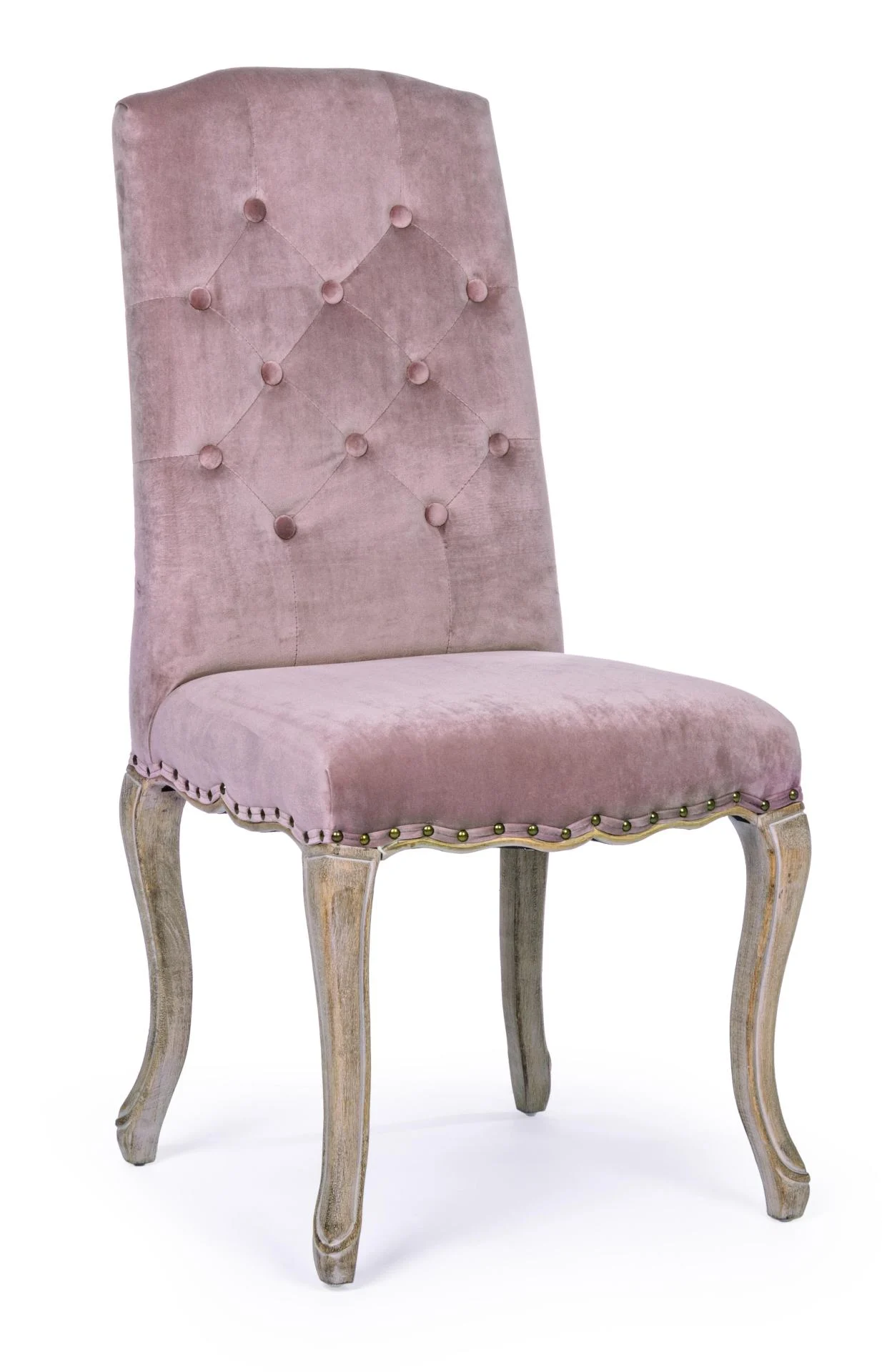 Esszimmerstuhl Diva, Samt mit Knopfverzierung, barock-klassisch, Rosa, Naturholz-Gestell