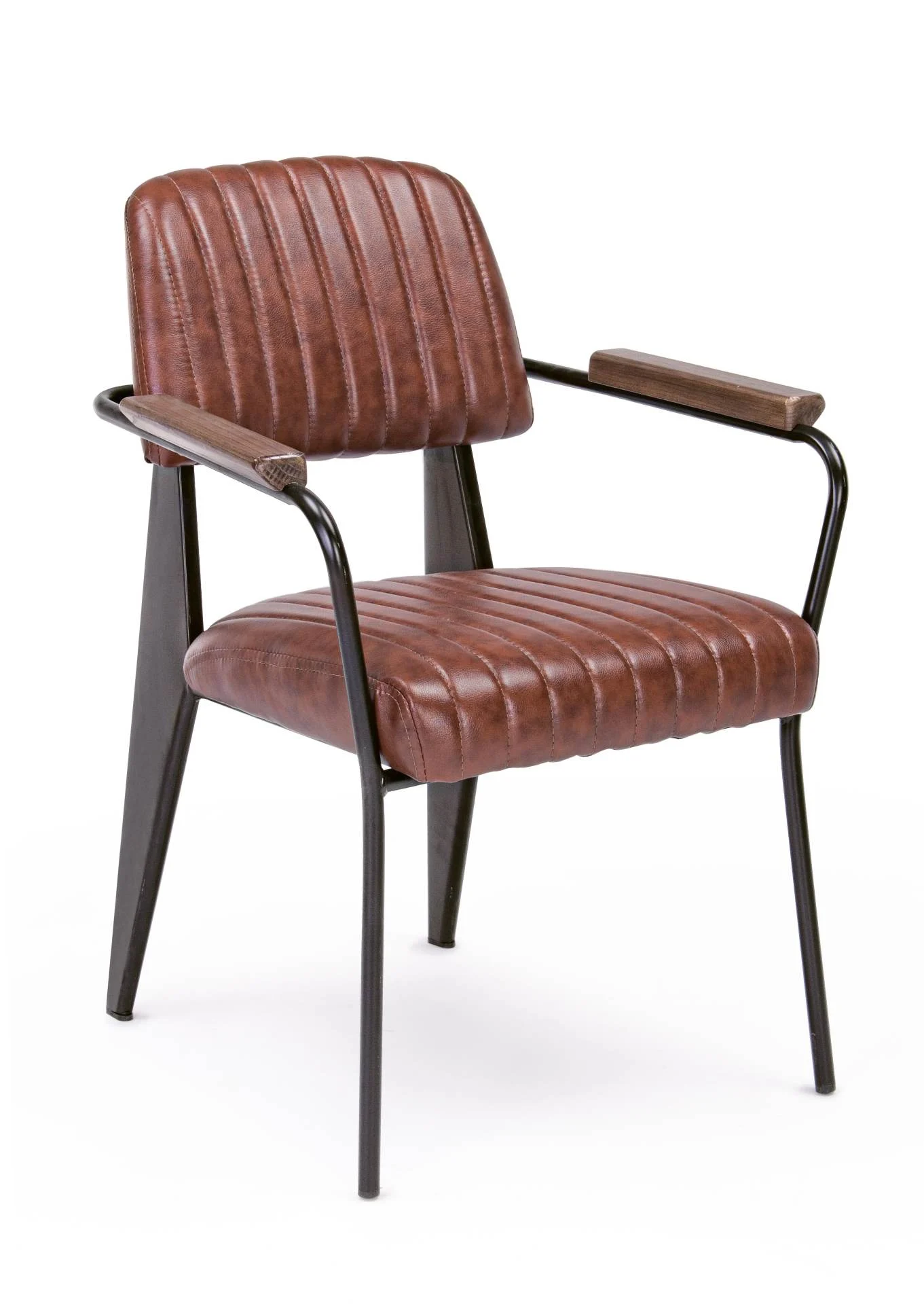 Stuhl Nelly mit Armlehne, Kunstleder und Metall, Industrial Design, cognac braun, gepolstert - Bizzotto
