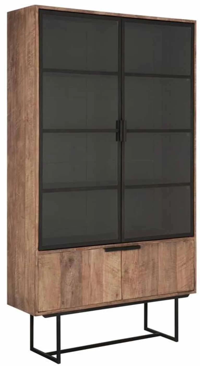 Vitrine Odeon aus Teakholz, Industrial Design mit 4 Klapptüren, natur, Metallgestell schwarz - dtp Home