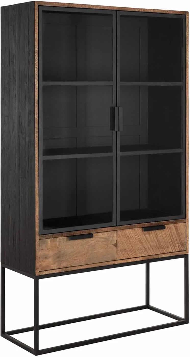 Vitrine Cosmo aus Teakholz, Industrial Design mit Metall, natur schwarz, 2 Schubladen, montiert - dtp Home