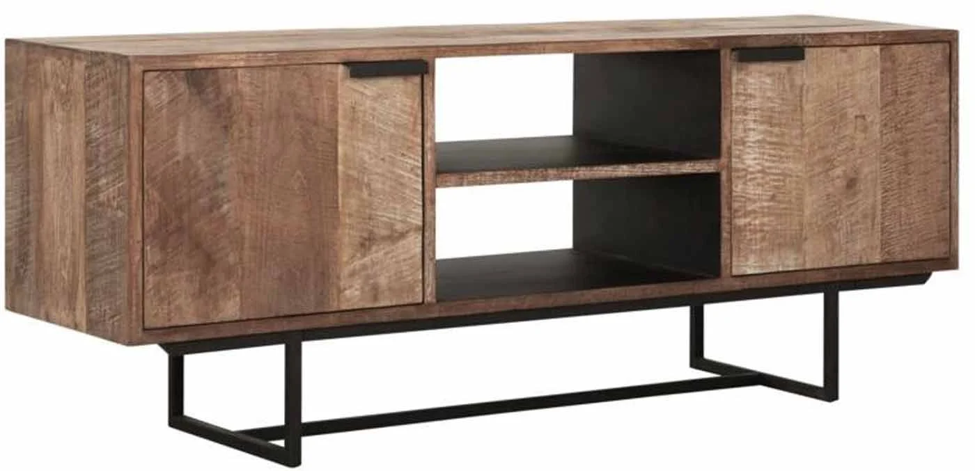 TV Board Odeon aus Teakholz, Industrial Design, natur, 2 Türen, Metallgestell - dtp Home