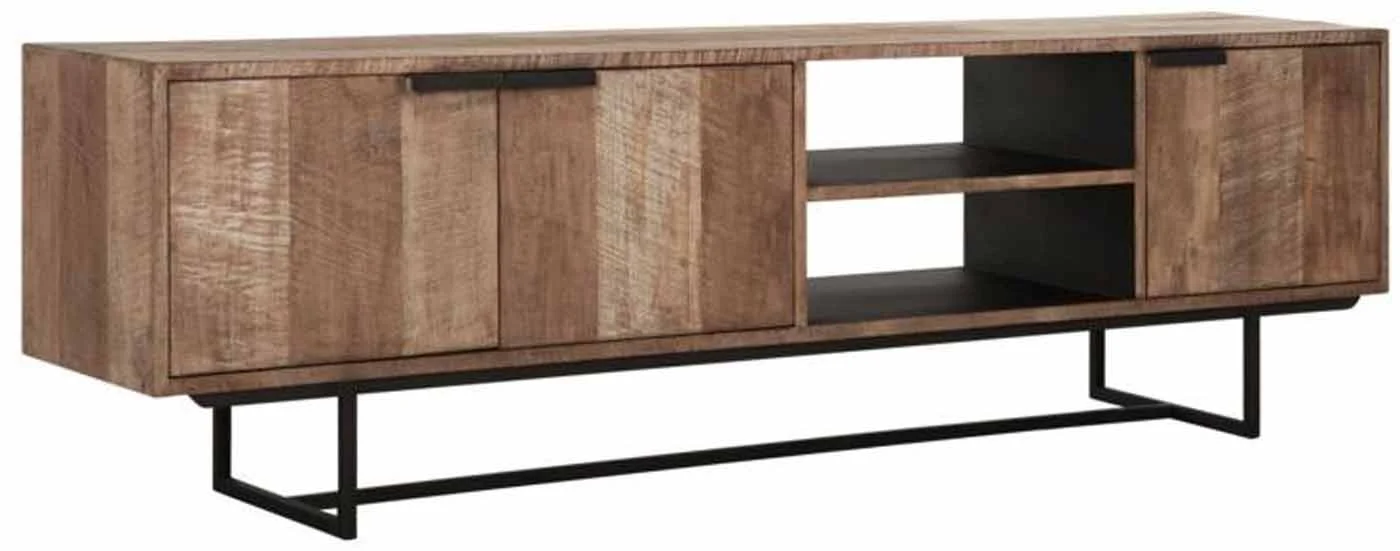 TV Board Odeon aus Teakholz, Industrial Design, natur, 3 Türen, Gestell schwarz - dtp Home