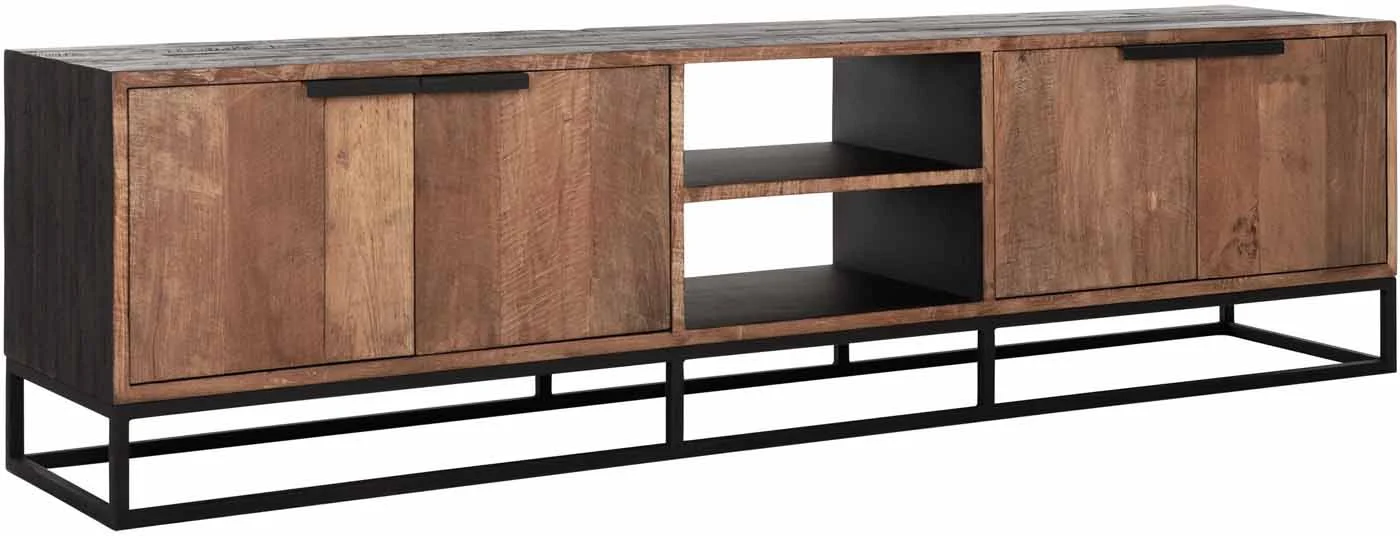 TV Board Cosmo, Teakholz massiv, Industrial Design, 205 cm, natur, schwarzes Metallgestell - dtp Home
