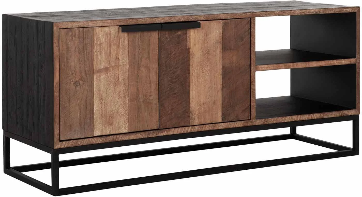TV Board Cosmo aus Teakholz, Industrial Design, naturfarben, 125 cm breit, Metallgestell - dtp Home