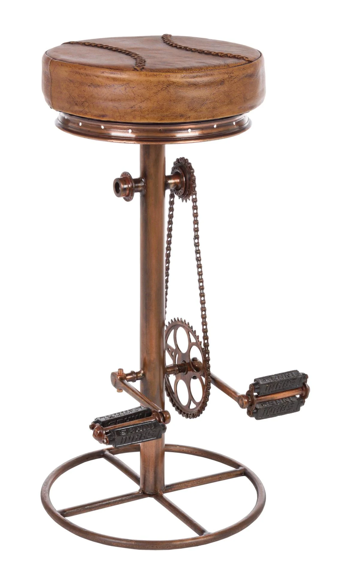 Barhocker Cycle aus Leder, Metallgestell im Industrial Stil, Bronze Cognac, gepolstert - Bizzotto