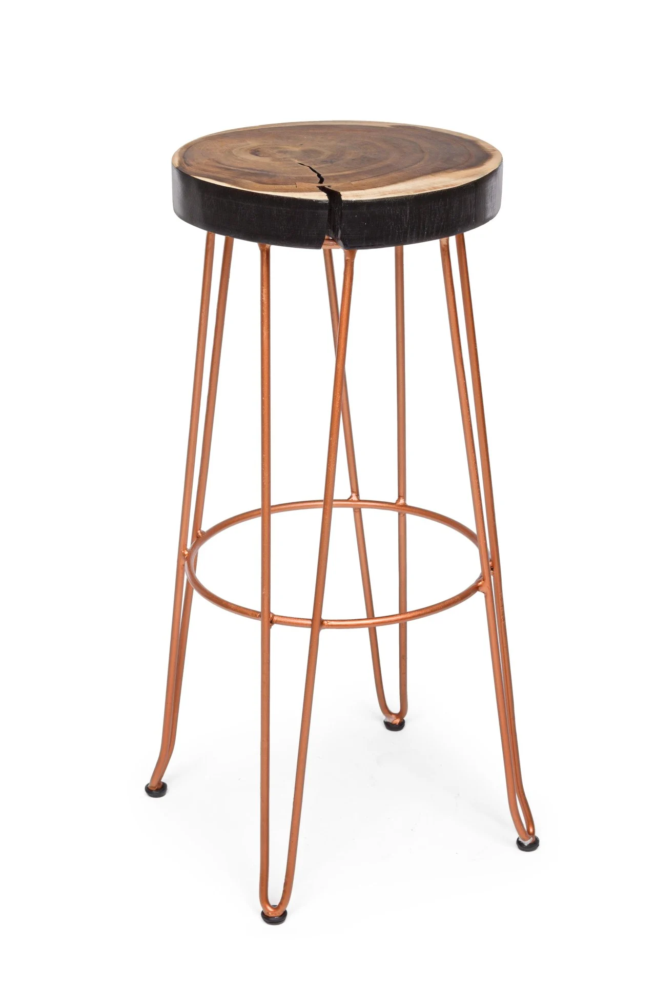 Barhocker Rakel aus Mungurholz, modernes Design, Kupfer und Natur, stabile 4-Fuß-Ausführung