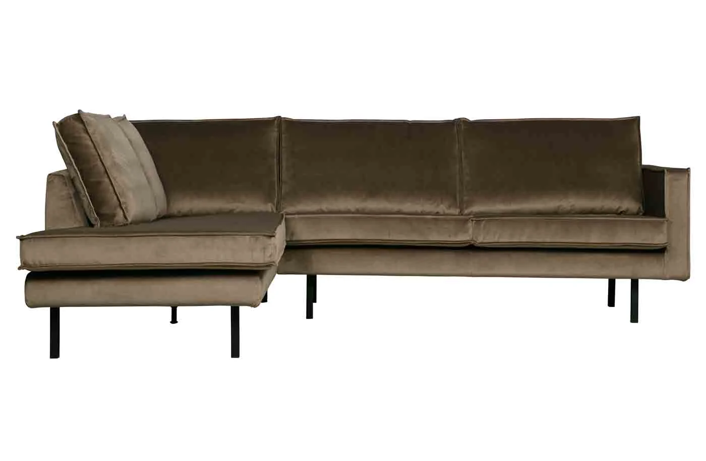 Ecksofa Rodeo aus Samt, modern und linksseitig, taupe, bequem für 4-5 Personen