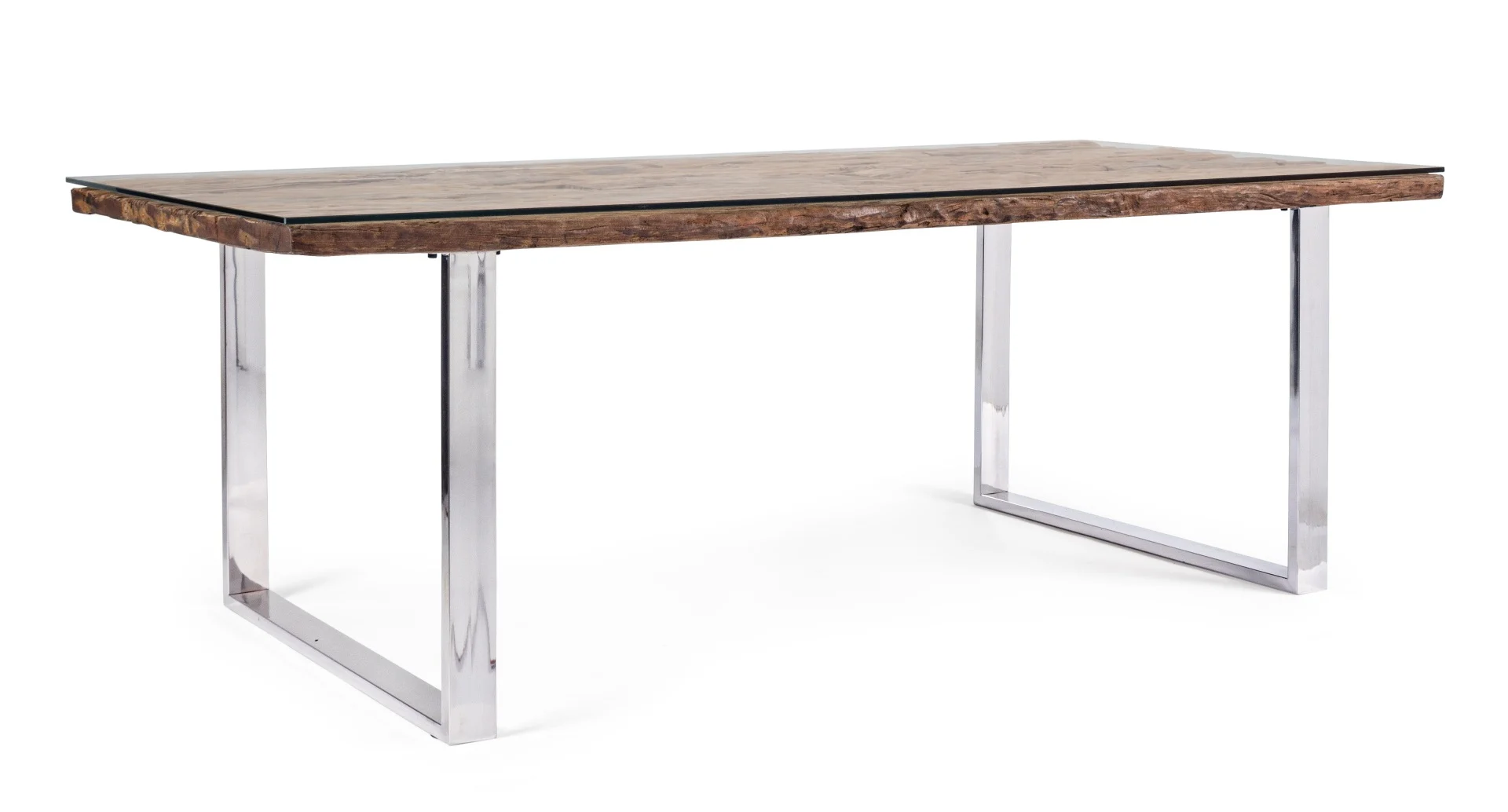 Esstisch Stanton mit Glasplatte, recyceltes Holz und Metall, modern, natur, 220 cm, für 6–8 Personen - Bizzotto