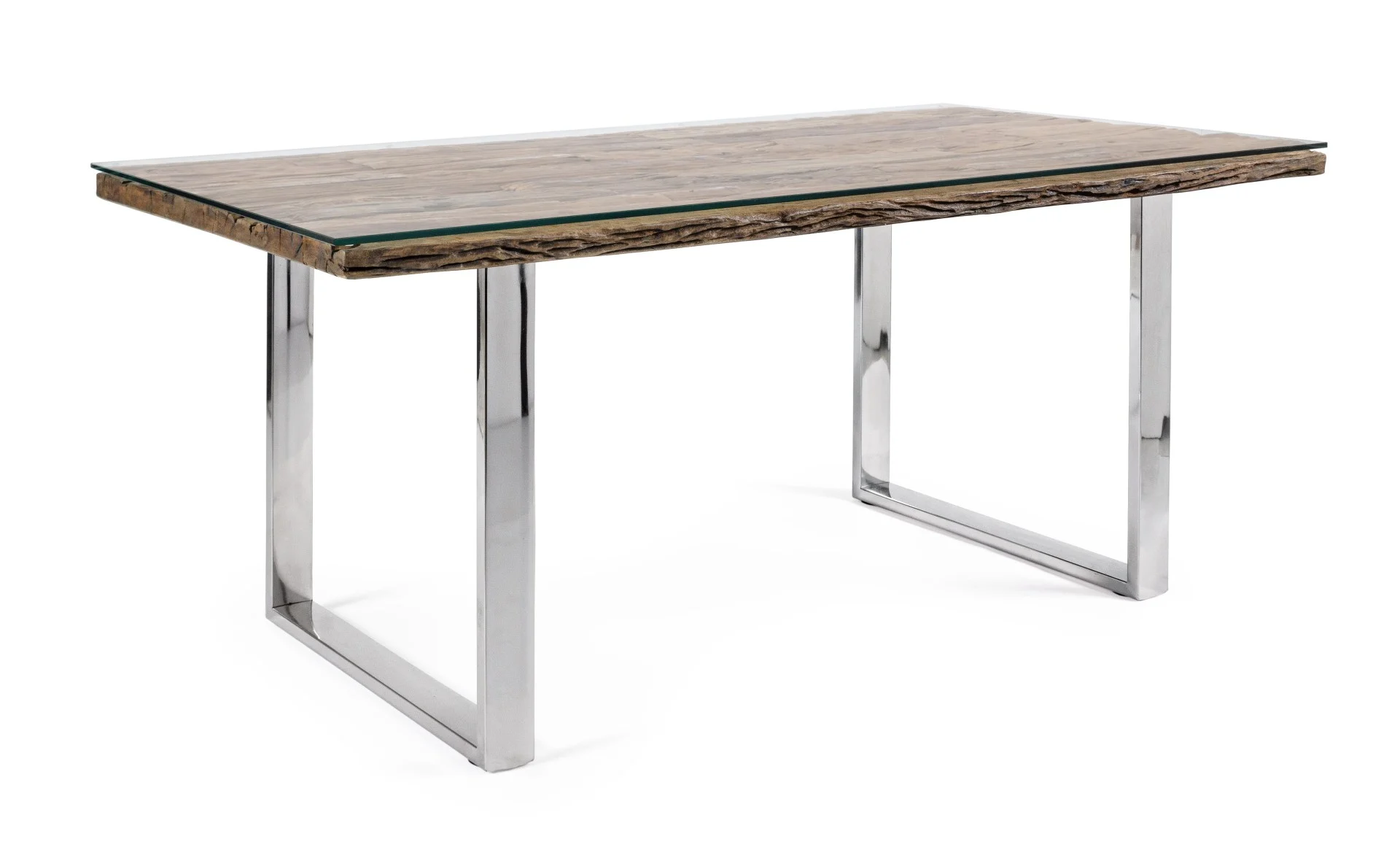 Esstisch Stanton mit Glasplatte, recyceltes Holz und Metall, modern, naturfarben, 180 cm - Bizzotto