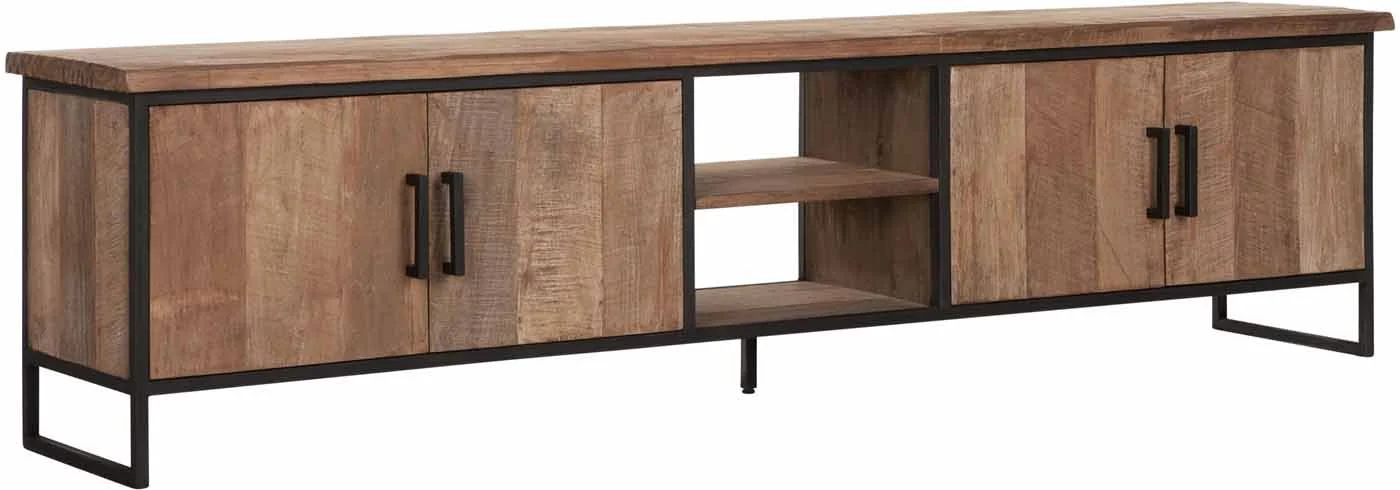 TV Board Beam aus Teakholz, Industrial Design, natur, 220 cm, Metallgestell, mit Türen - Must Living