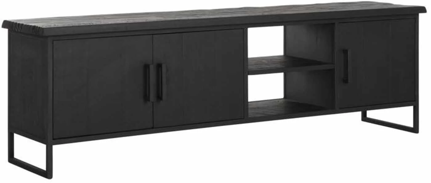 TV Board aus Teakholz und Metall, Industrial Design mit Türen, 180 cm, schwarz - Must Living