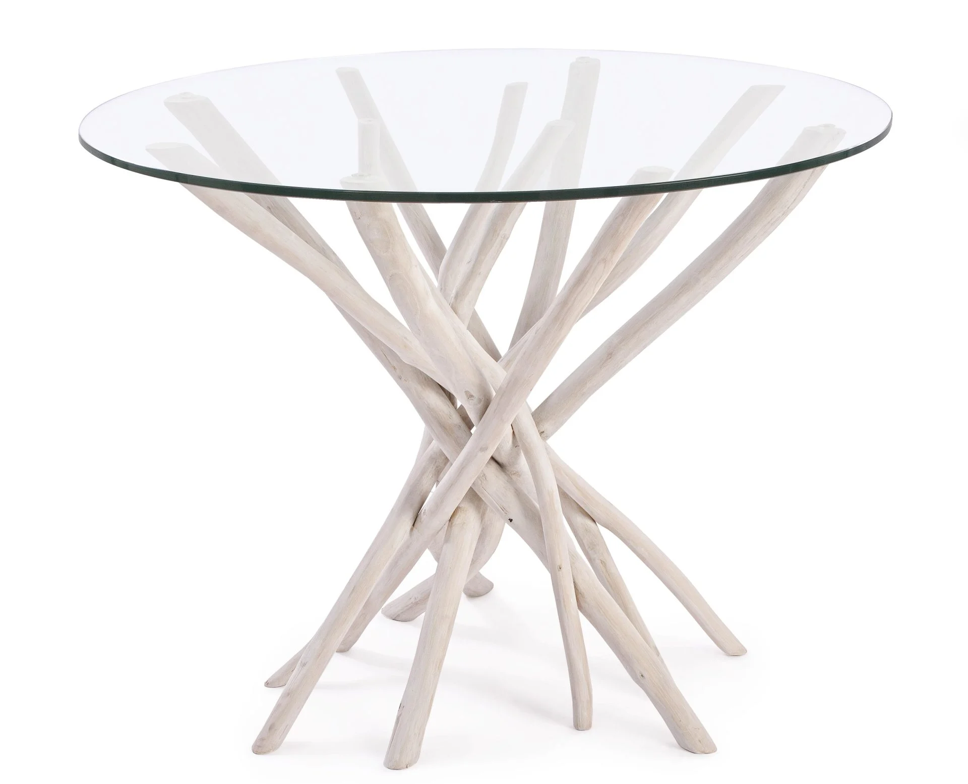 Esstisch Sahel rund, Teakholz mit Glasplatte, modern, weiß, 110 cm, für 3–4 Personen - Bizzotto
