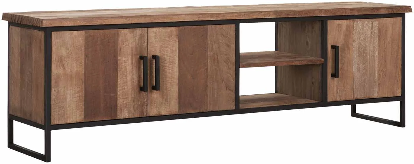 TV Board Beam aus Teakholz, Industrial Design mit 4 Türen, 180 cm, natur, schwarzes Metallgestell - Must Living