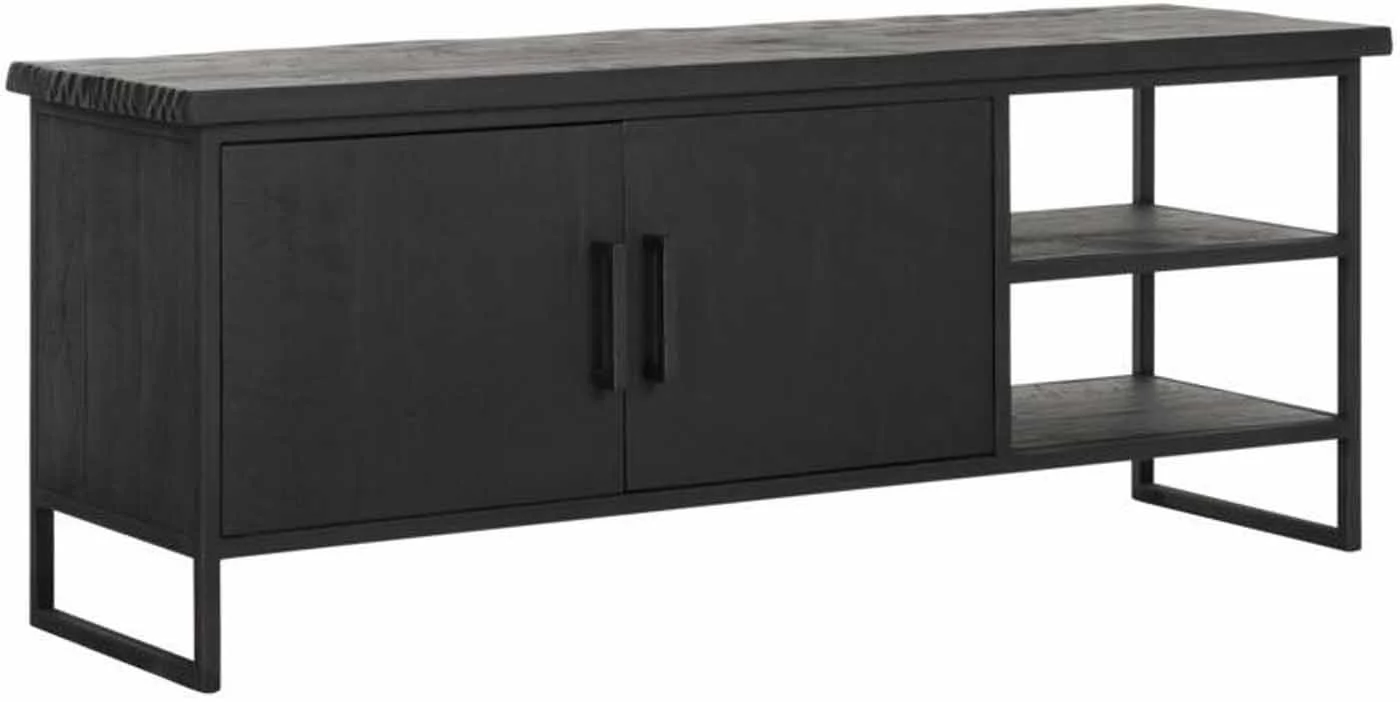 TV Board Beam aus massivem Teakholz, Industrial Design, schwarz, 140 cm, mit Türen - Must Living
