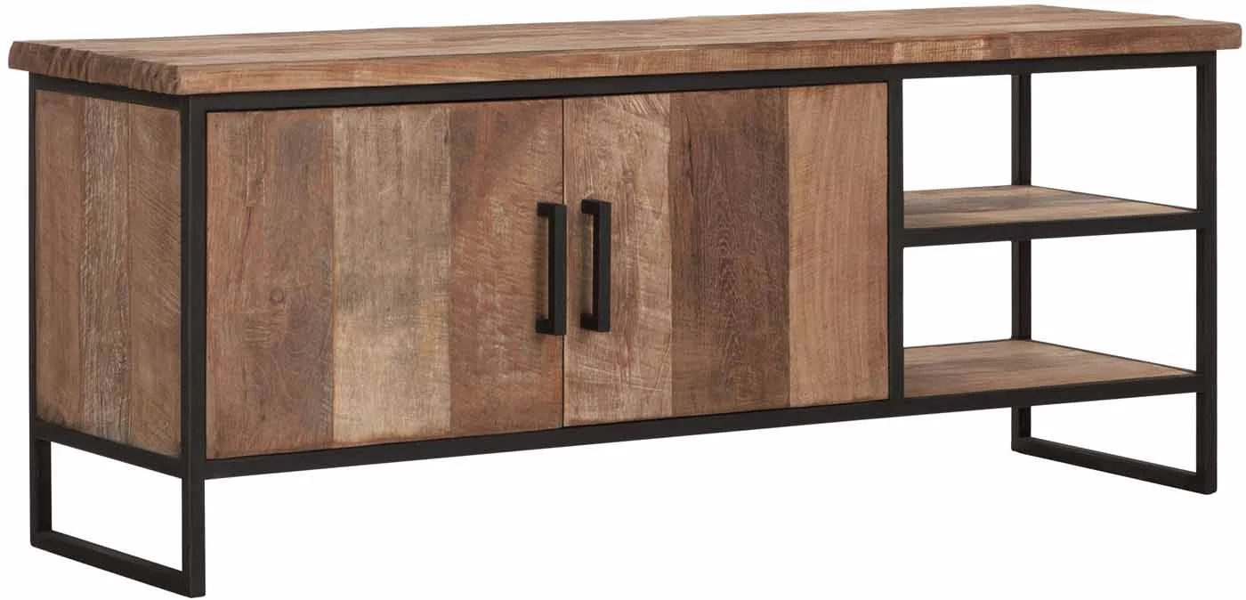 TV Board Beam aus Teakholz, Industrial Design, 140 cm, naturfarben, mit drei Türen - Must Living