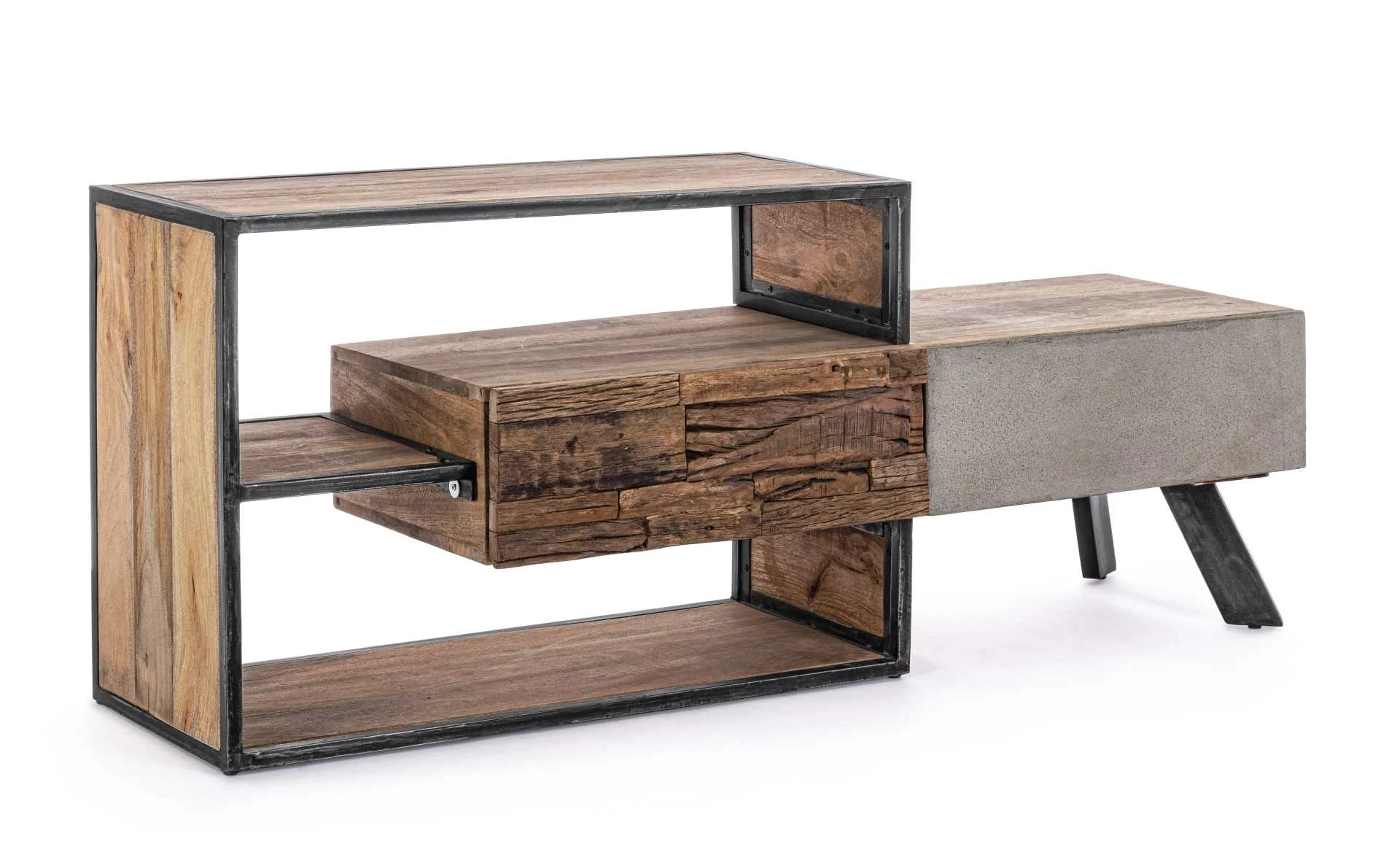 TV-Board aus Mangoholz, modernes Design mit Metallgestell, natur und grau, 145 cm, Bizzotto