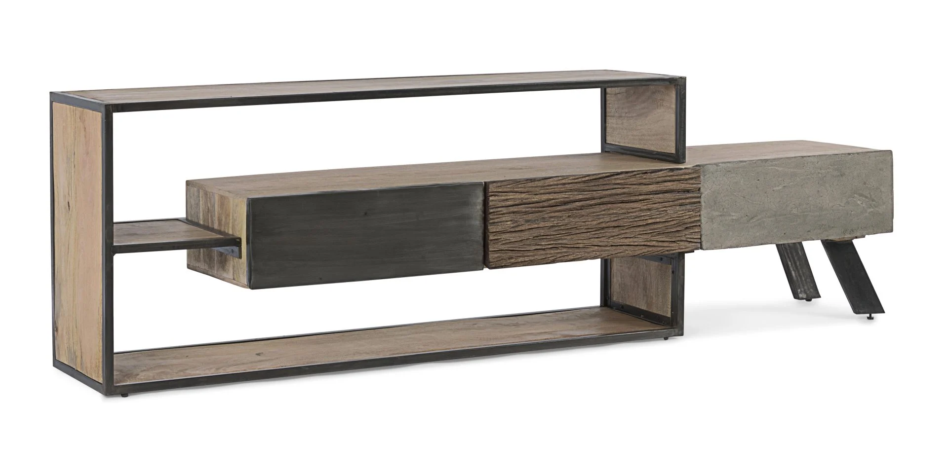 TV-Board aus Mangoholz, modernes Design mit Zementfaser-Schubladen, natur-grau, 195 cm