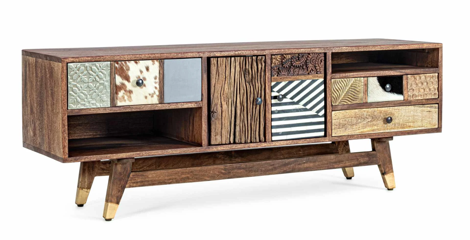 TV-Board aus Mangoholz, klassisches Design, naturfarben, 140 cm, goldene Akzente, Bizzotto