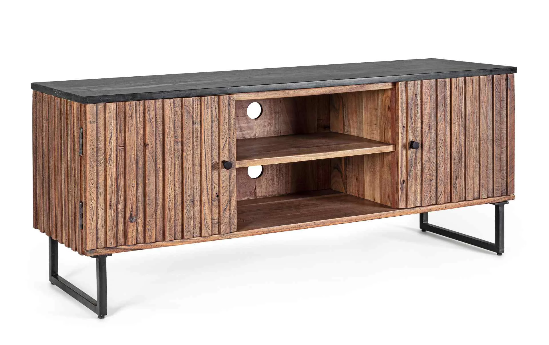 TV-Board Norfolk aus Akazienholz, klassischer Stil, Natur, schwarze Marmorplatte, 130 cm