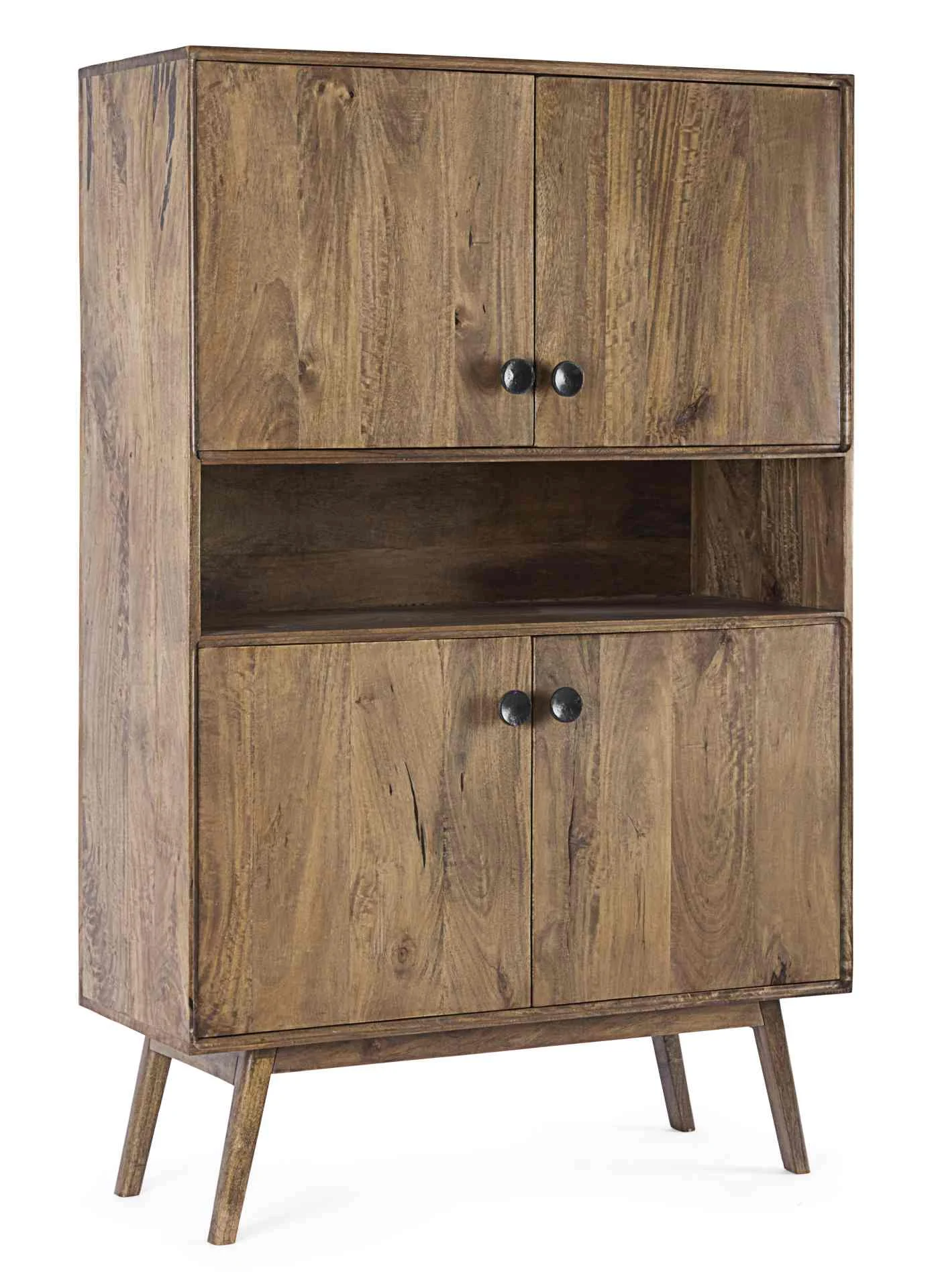 Highboard Sylvester aus Mangoholz, klassisch, natur, mit Metallgriffen und 4 Türen - Bizzotto