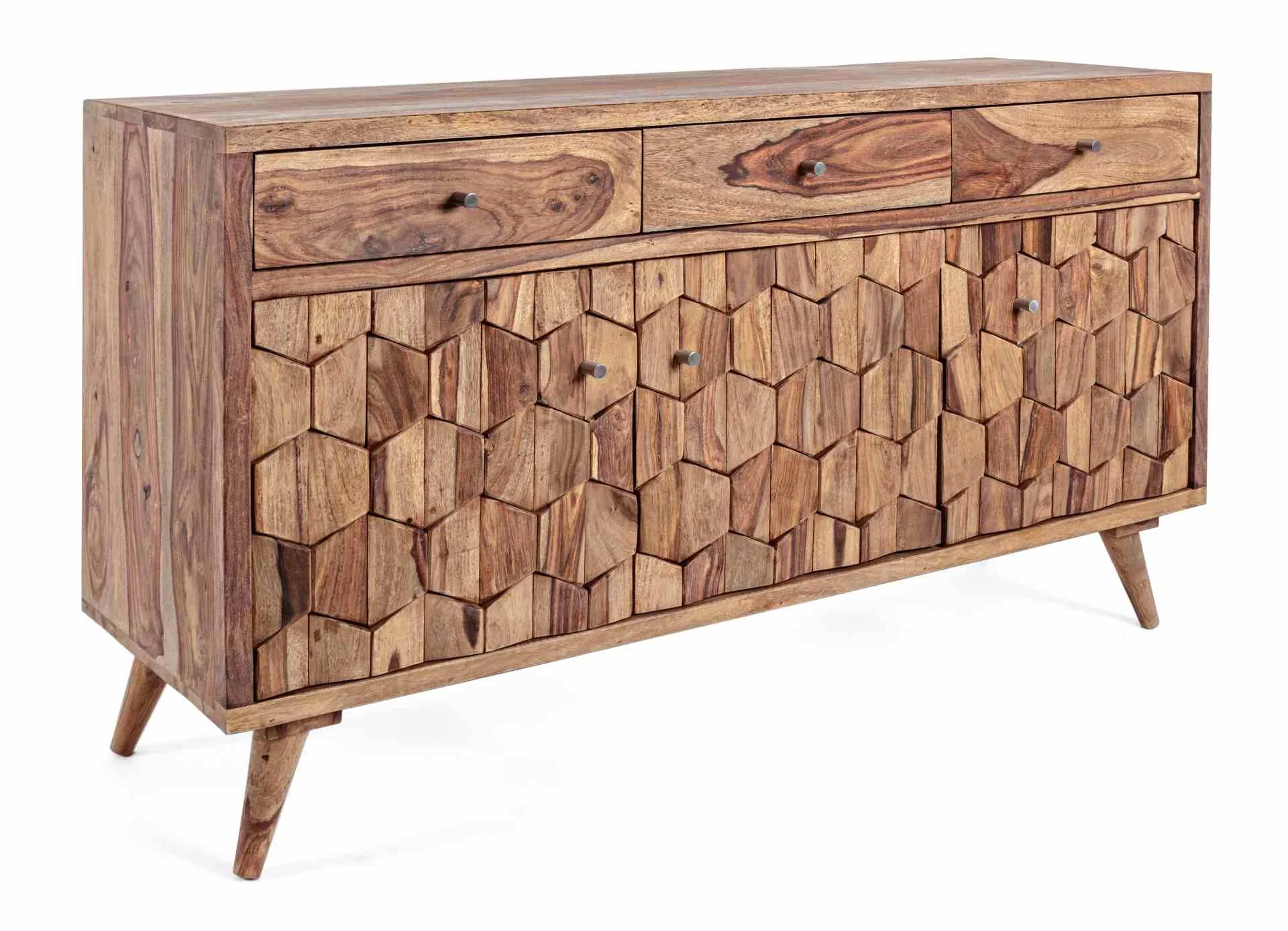 Sideboard Kant aus Sheeshamholz, modern skandinavisch, Natur, 132 cm, mit 3 Türen und Schubladen - Bizzotto