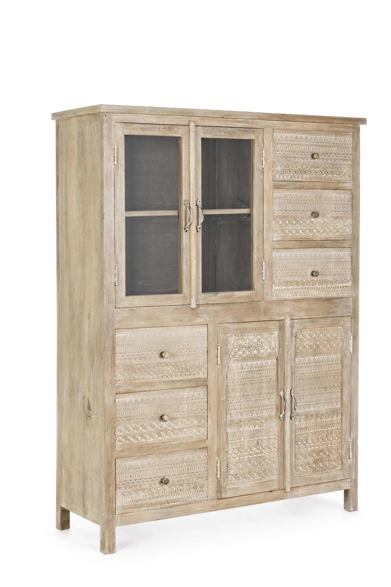 Highboard Mayra aus Mangoholz, klassisch handgefertigt, Natur, 110 cm Breite, Türen mit Magnetverschluss - Bizzotto