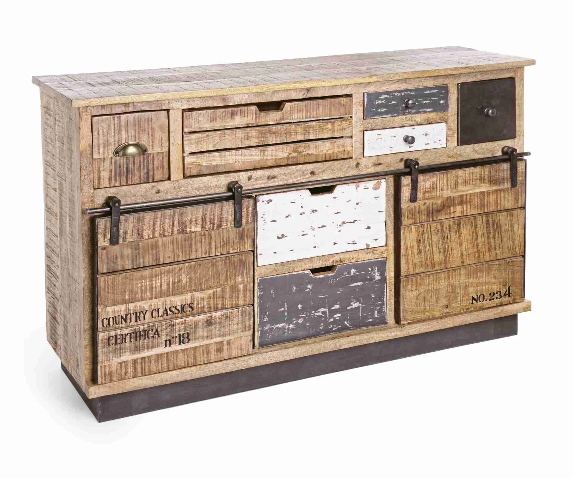 Sideboard Tudor aus Mangoholz, skandinavischer Stil, natur, 125 cm breit, mit Schiebetüren und 7 Schubladen - Bizzotto