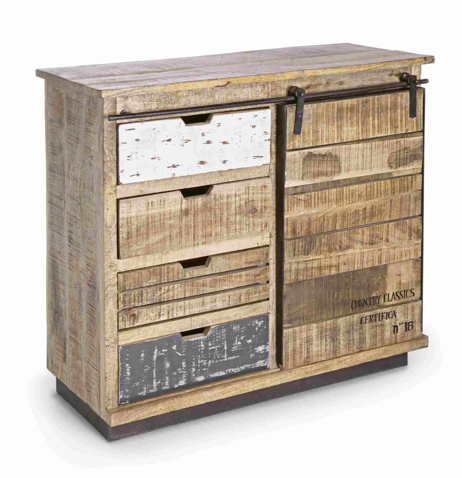 Kommode Tudor aus Mangoholz, klassischer Stil, natur, 90 cm breit, Schiebetür und 4 Schubladen - Bizzotto