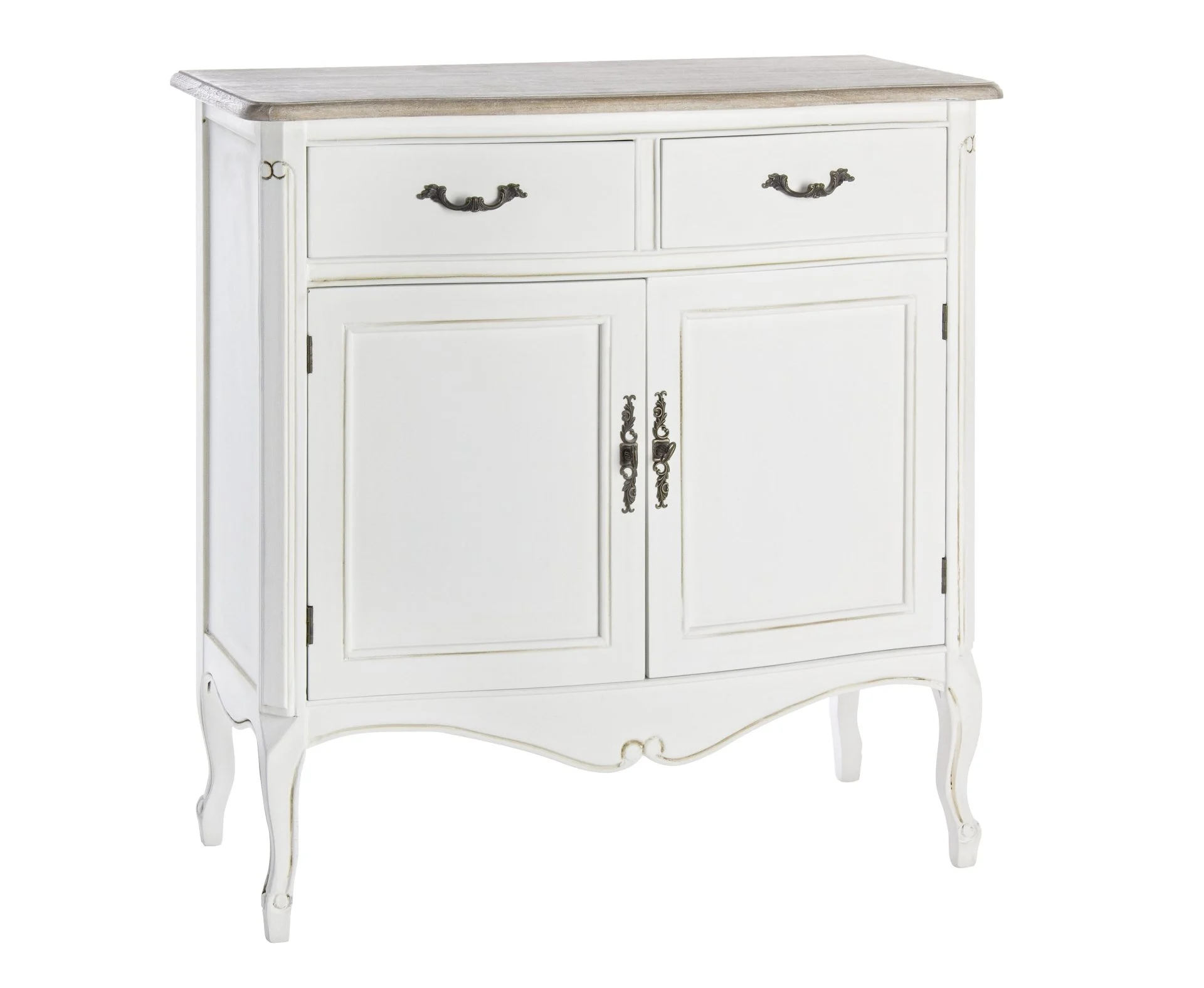 Kommode Justine aus Paulowniaholz, klassisch barock, weiß natur, 86 cm breit, 2 Türen 2 Schubladen - Bizzotto