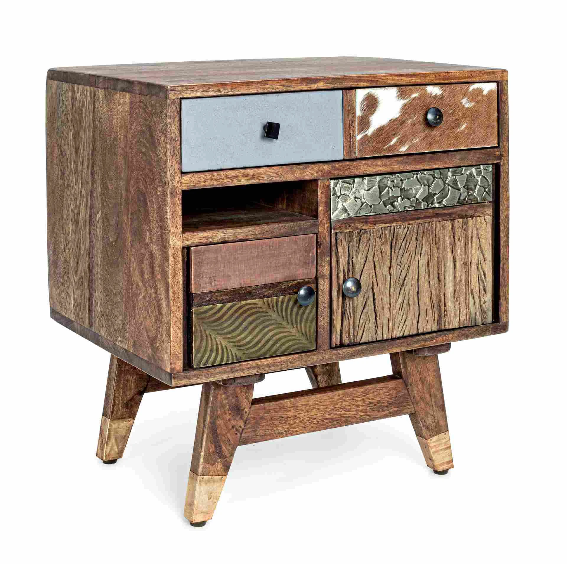 Nachttisch Dhaval aus Mangoholz, klassischer Stil, natur bunt, 1 Schublade, 2 Türen, 50 cm - Bizzotto