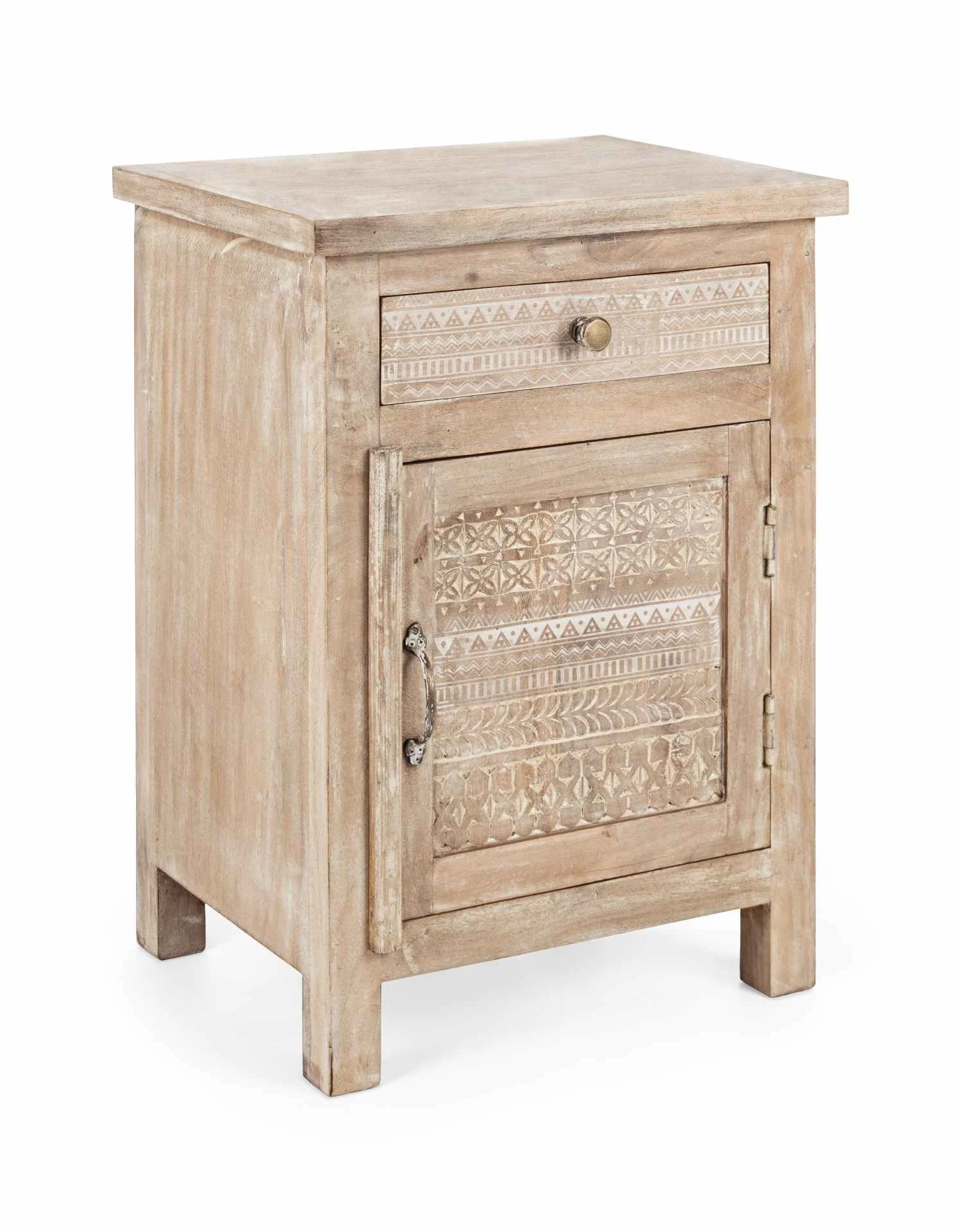 Nachttisch Mayra aus Mangoholz, klassischer Stil, natur, mit Schublade und Tür, 44 cm breit - Bizzotto