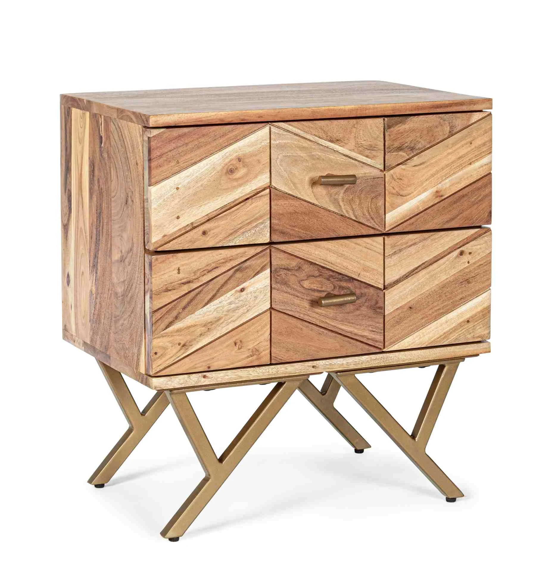Nachttisch Raida aus Akazienholz, modernes Design, Natur, 2 Schubladen, goldene Beine, 50 cm - Bizzotto