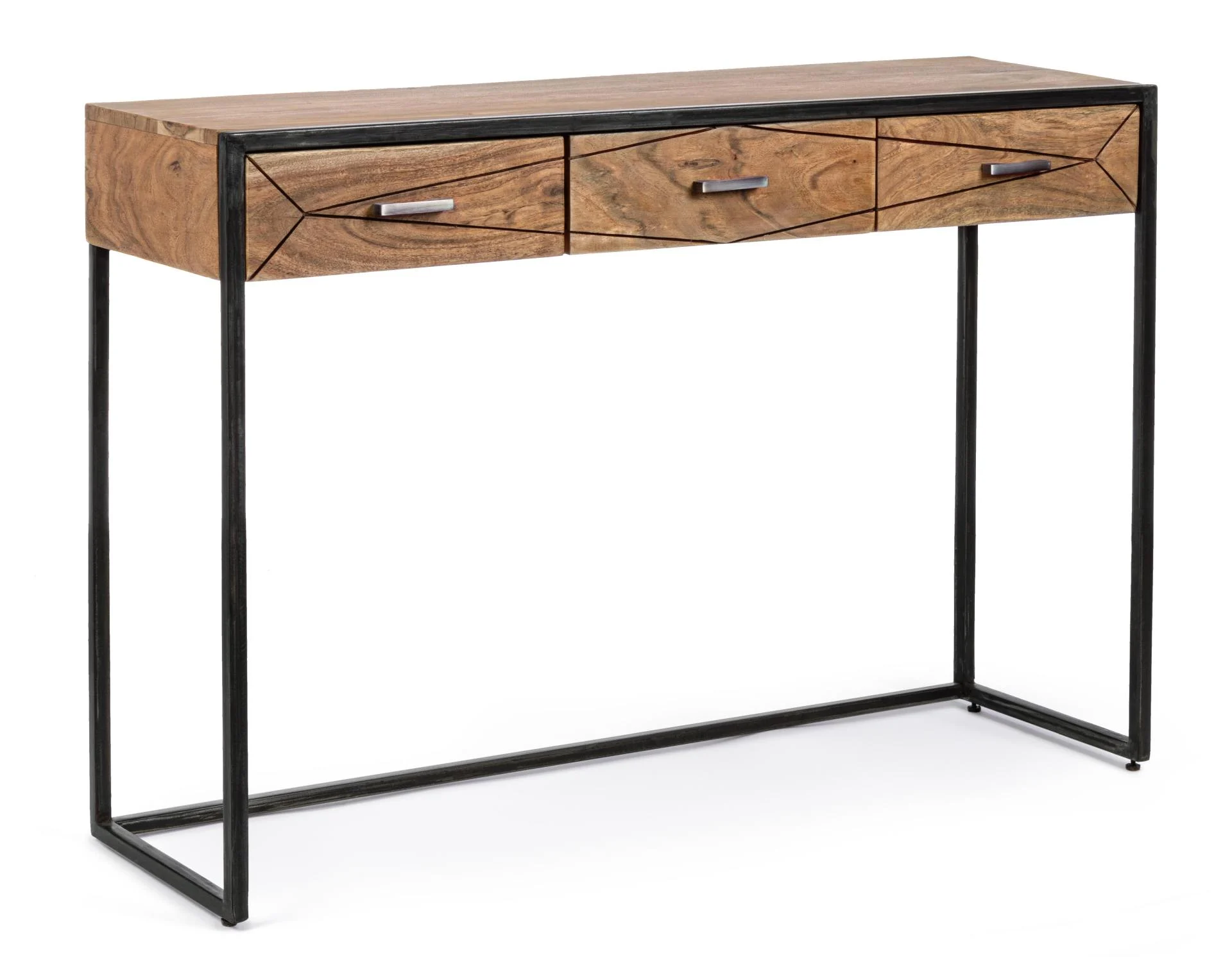 Konsole Egon aus Akazienholz, modern mit Schubladen, Natur, 115 cm breit, schwarzes Metallgestell - Bizzotto