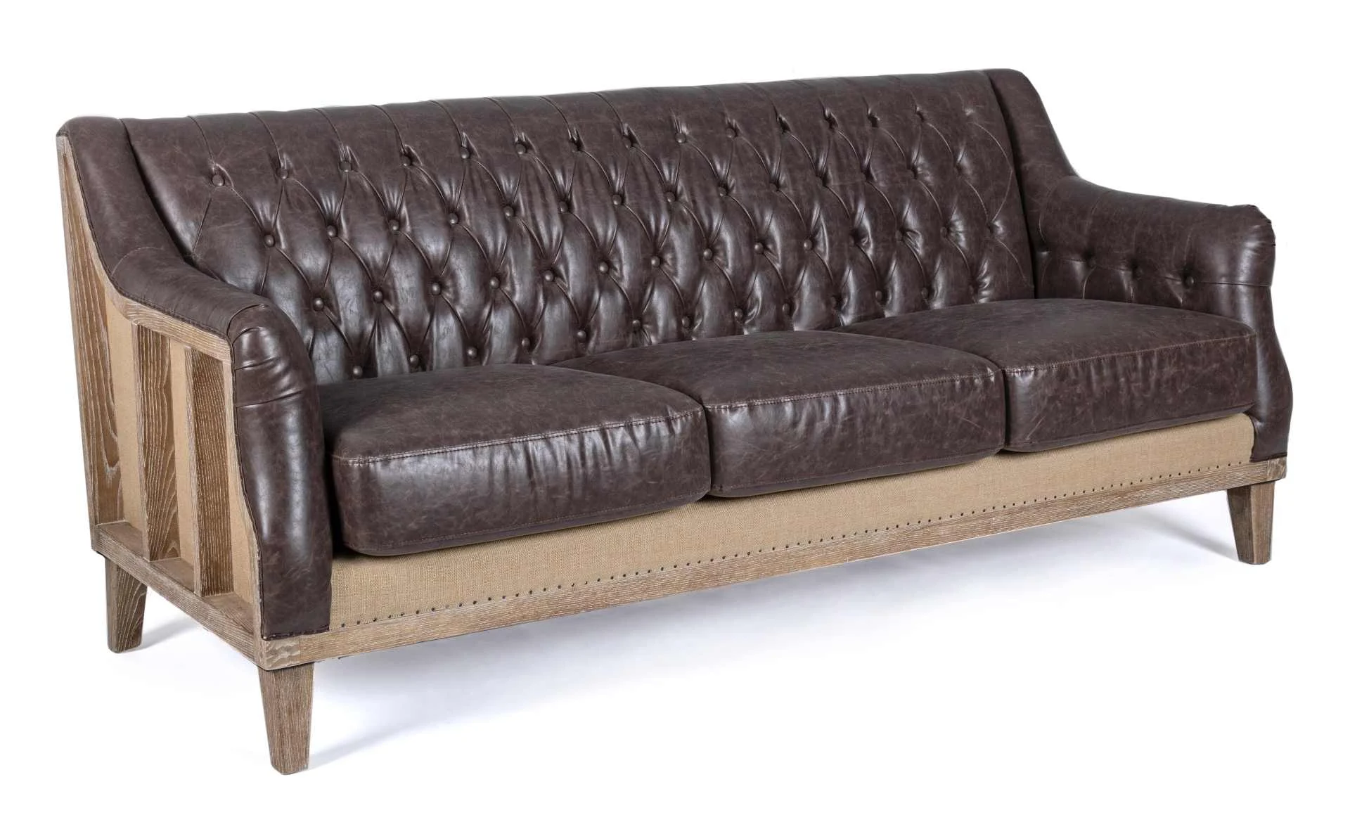 Sofa Raymond aus Kunstleder, klassisch, 3-Sitzer, dunkelbraun, Gestell Eschenholz