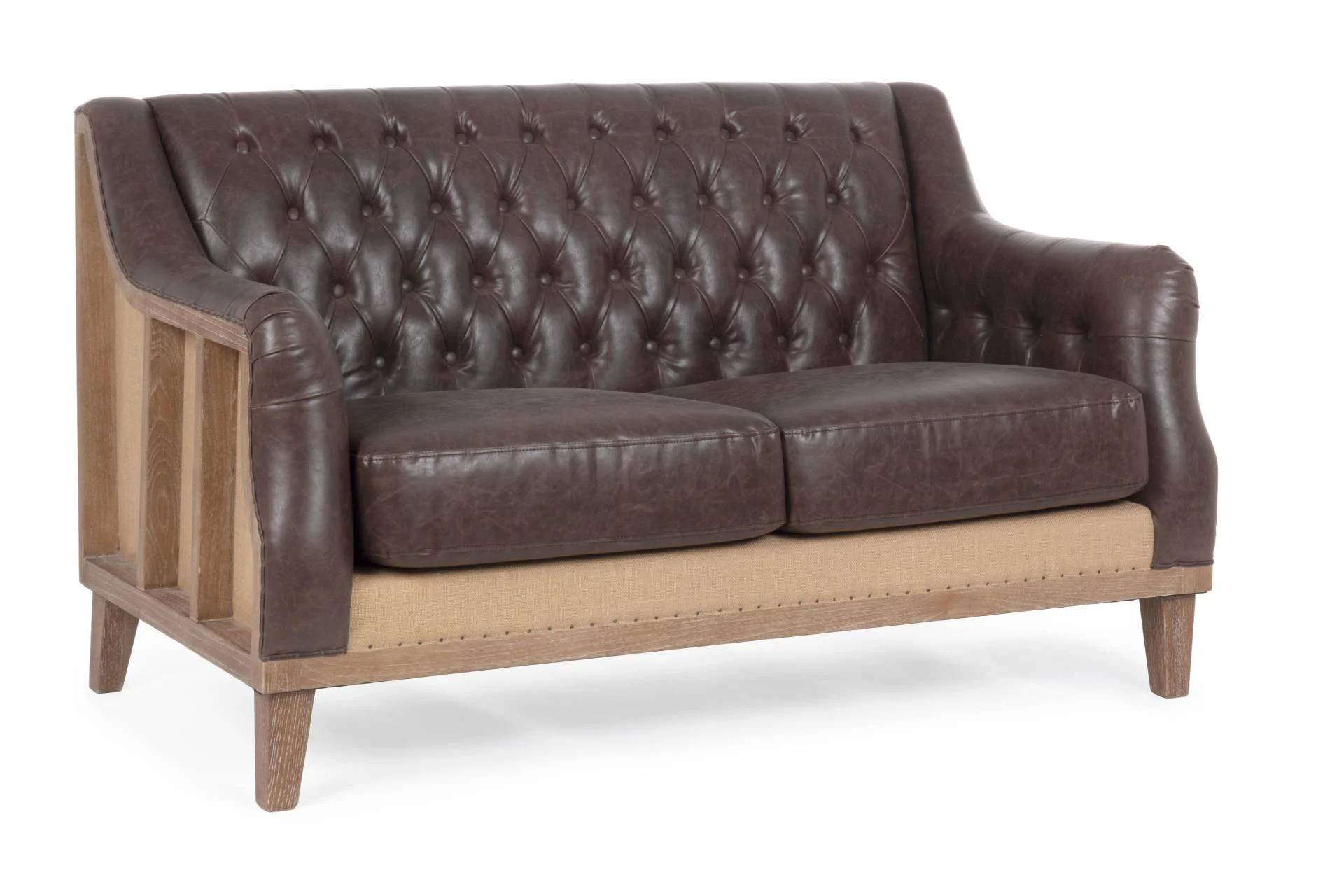 Sofa Raymond aus Kunstleder, klassischer 2-Sitzer, Dunkelbraun, Gestell aus Eschenholz