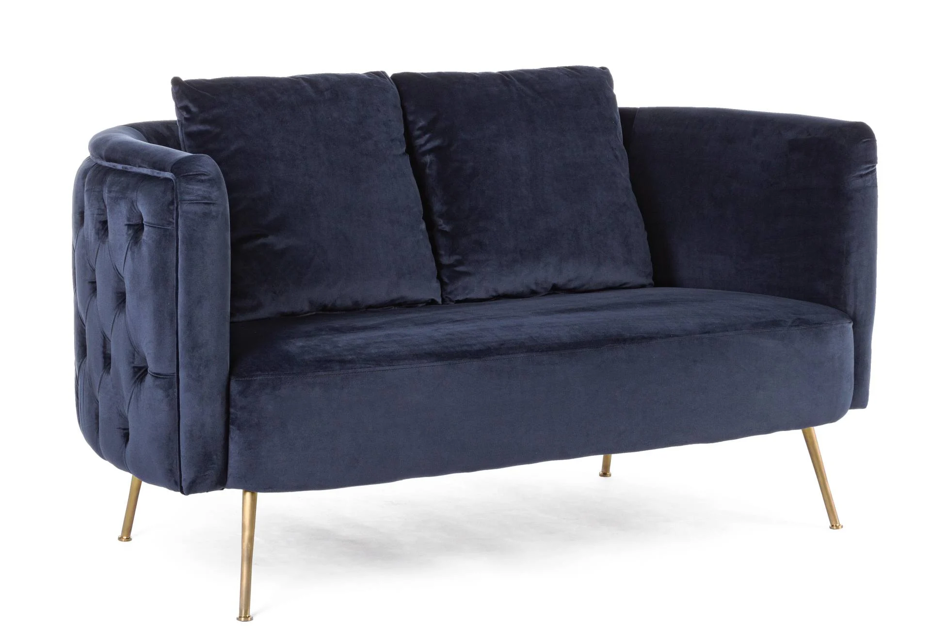 2-Sitzer Sofa Tenbury, Samt-Optik, modern, Blau Dunkelblau, abziehbare Kissen, Metallgestell Gold