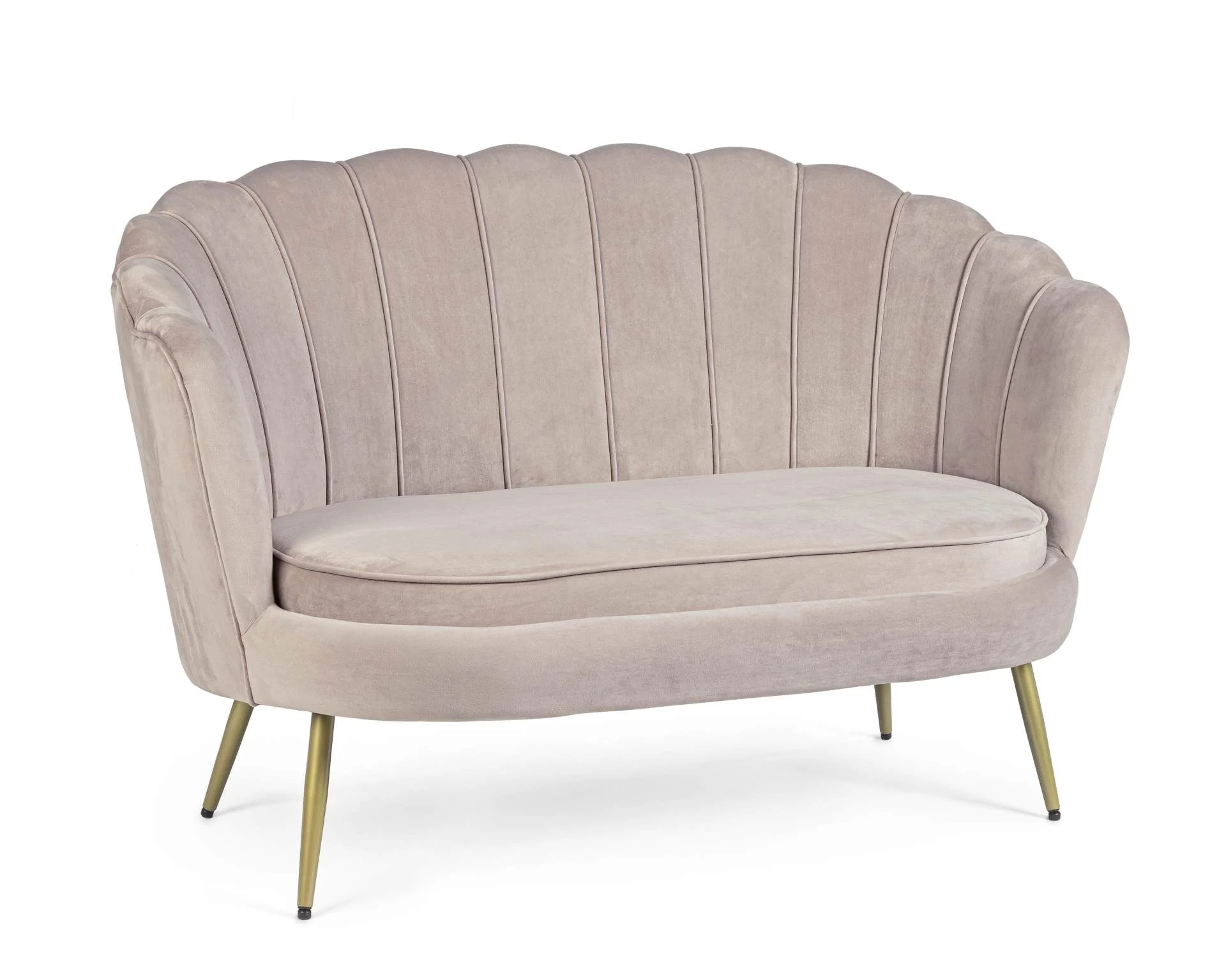 2-Sitzer Sofa Giliola in Samt-Optik, modern, hellgrau, Metallgestell goldfarben, bequem gepolstert