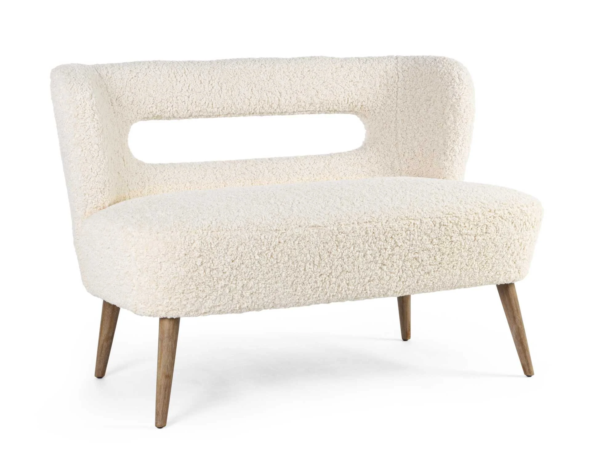2-Sitzer Sofa Cortina aus Teddy Stoff, skandinavisch modern, cremeweiß, Gestell aus Kautschukholz