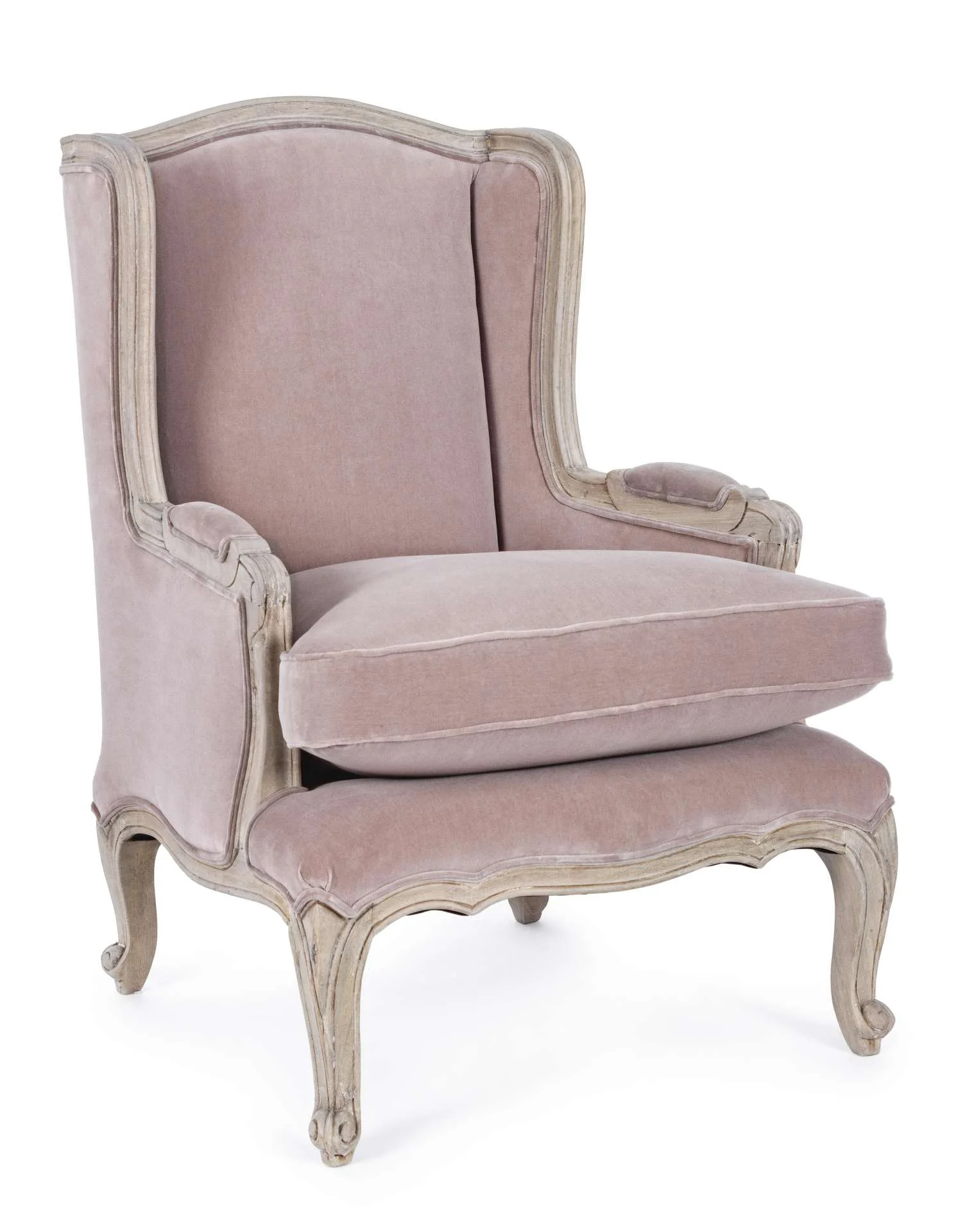 Sessel Lorelie aus Samt-Optik, barockes Design, rosa, gepolstert mit Mangoholz-Gestell
