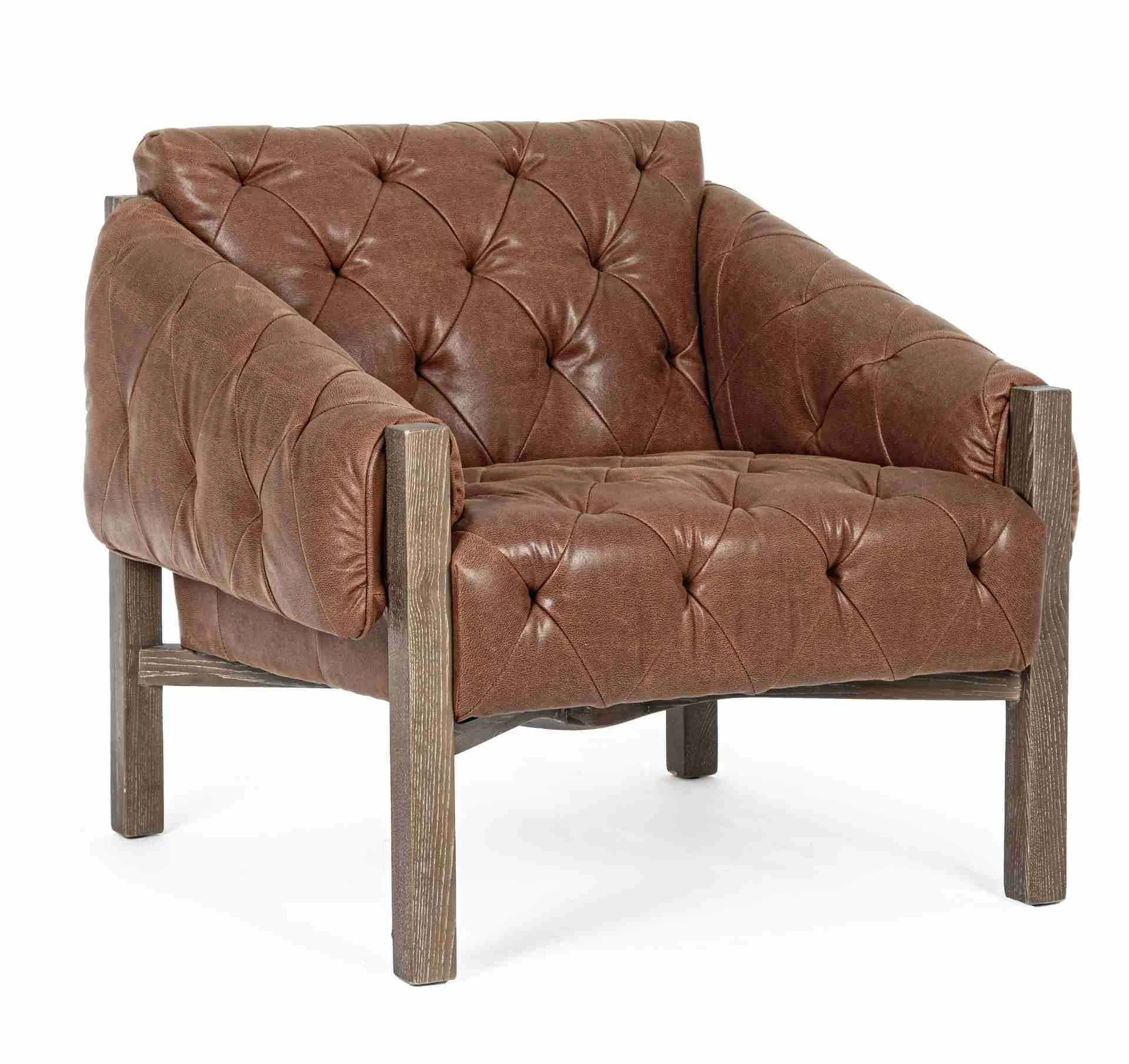 Sessel Harrison aus Kunstleder, Chesterfield-Design, cognacbraun, mit Eschenholzgestell