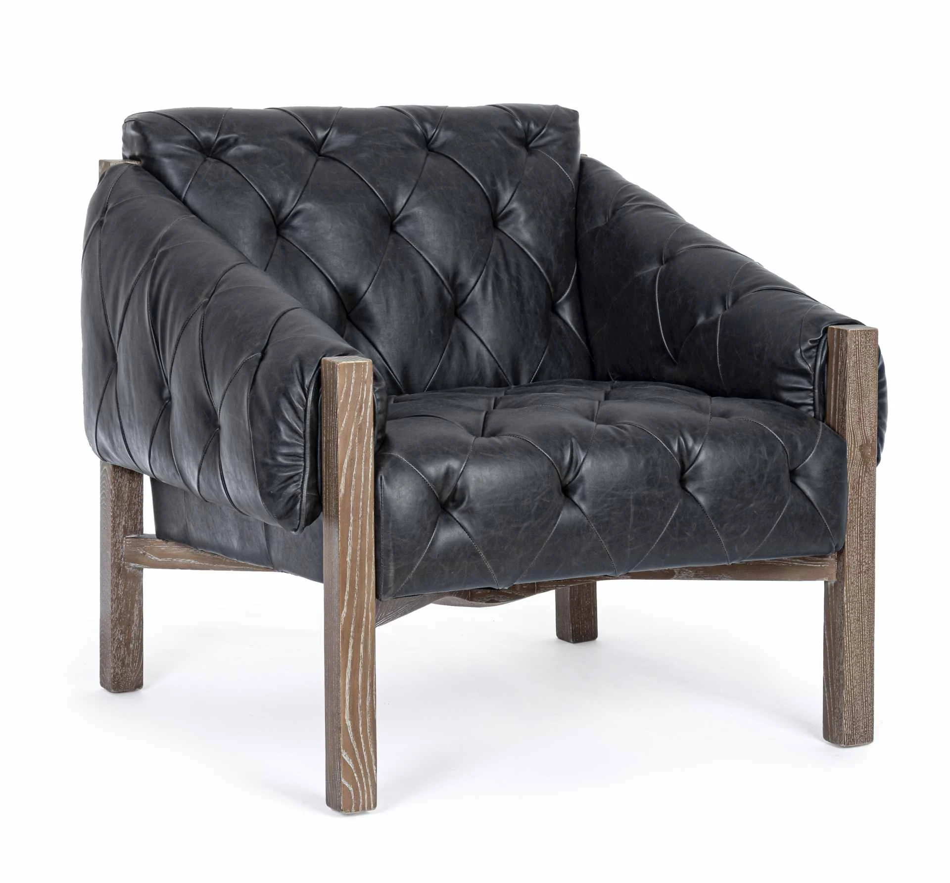 Sessel Harrison aus Kunstleder, Chesterfield-Design, modern, schwarz, Gestell aus Eschenholz