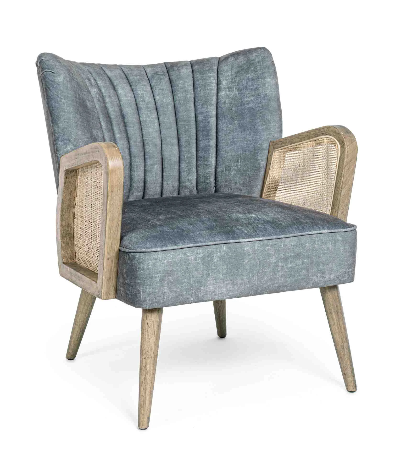 Sessel Virna mit Stoff-Bezug, modernes skandinavisches Design, blau, Armlehnen mit Rattan-Einsatz