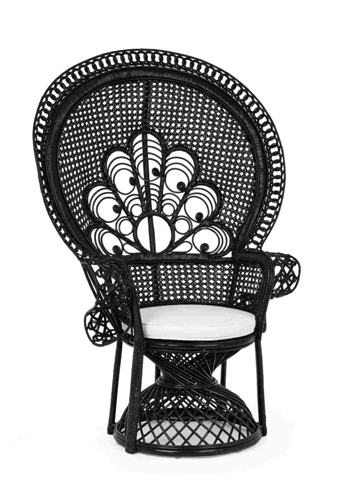 Sessel Peacock aus Rattan, klassisch gepolstert, Schwarz, abziehbares Kissen, Indoor - Bizzotto